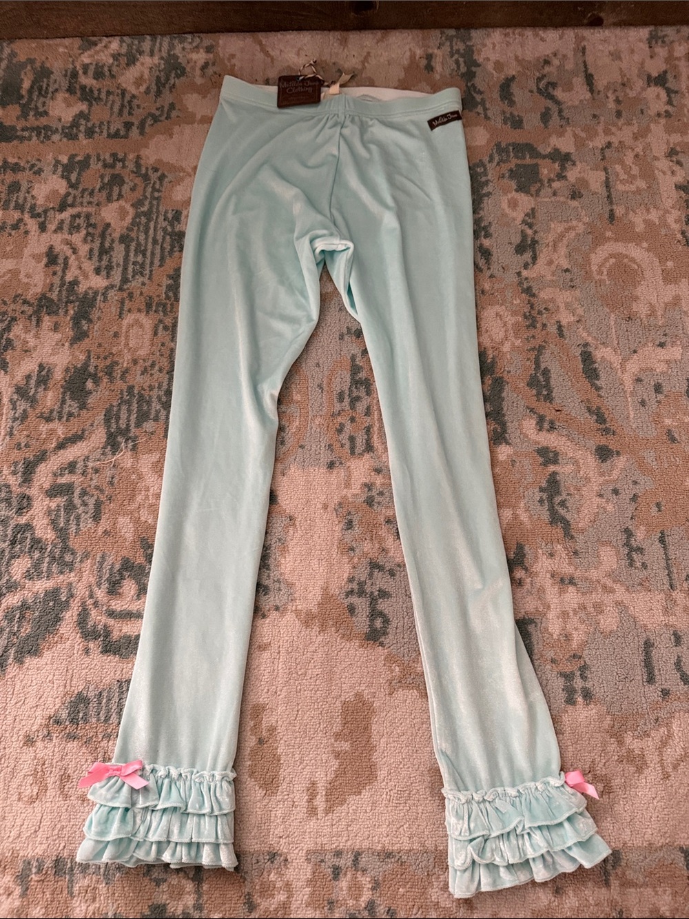 Matilda Jane Light Aqua Ruffle Leggings with Pink Bows